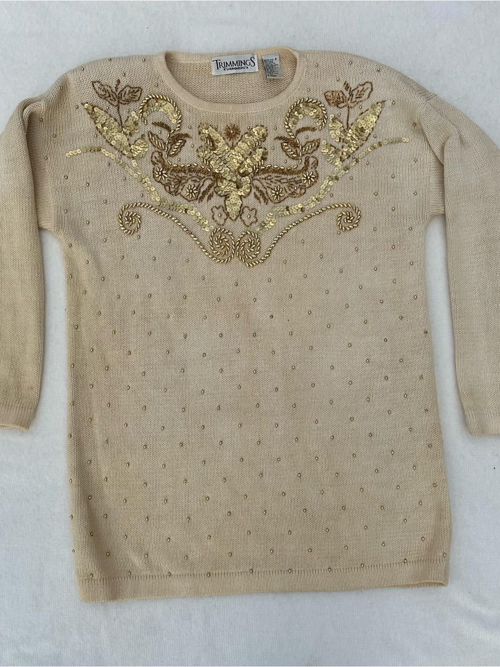 Trimmings Cream Crewneck Sweater with Gold Sequin Embellishment